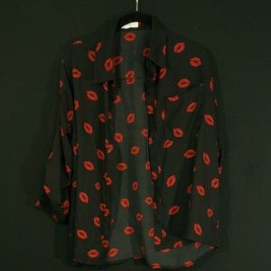Sheer black red lips button up shirt